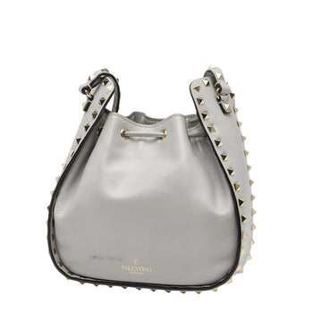 Valentino Rockstud Drawstring Shoulder Bag In Gray Leather
