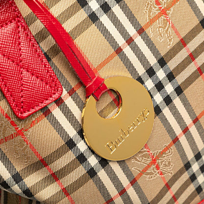 Burberry Nova Check Shadow Horse Handbag Tote Bag Beige Red Canvas Leather