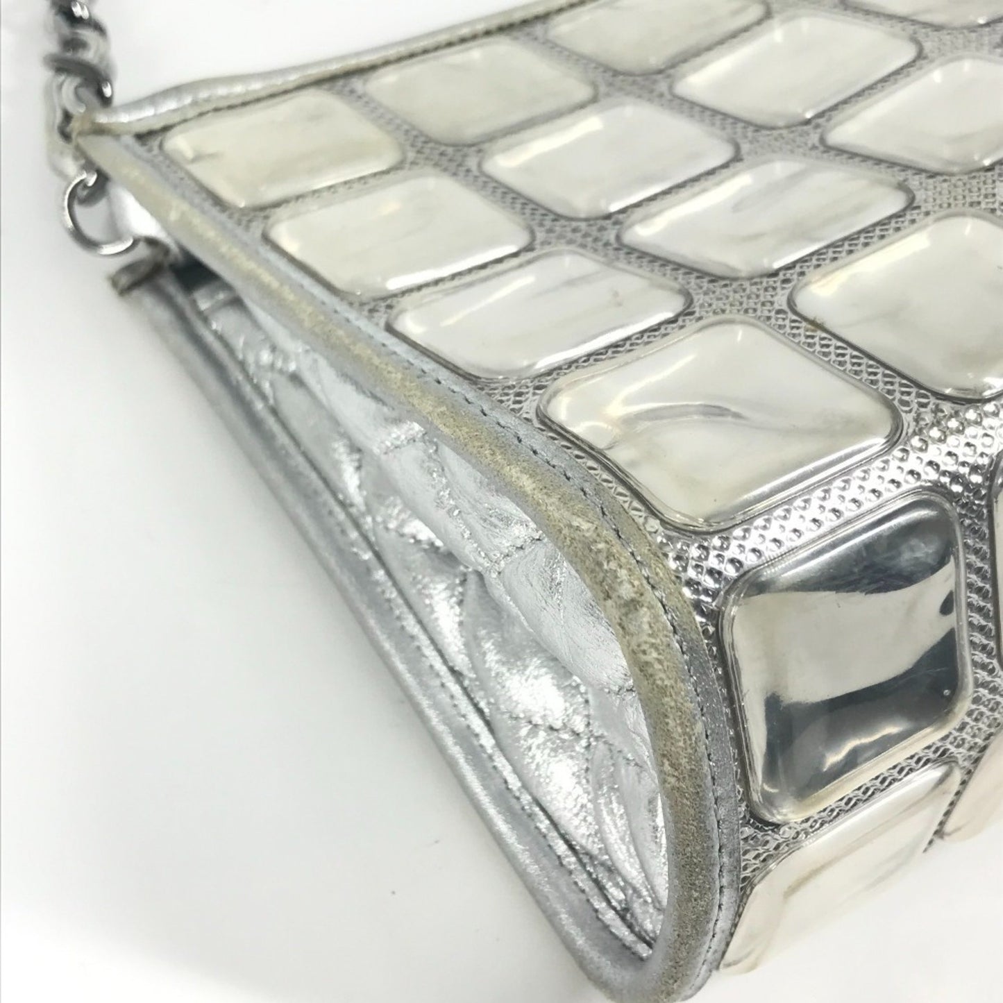 Chanel Cc Coco Mark Logo Ice Cube Chain Shoulder Bag In Silver Leather