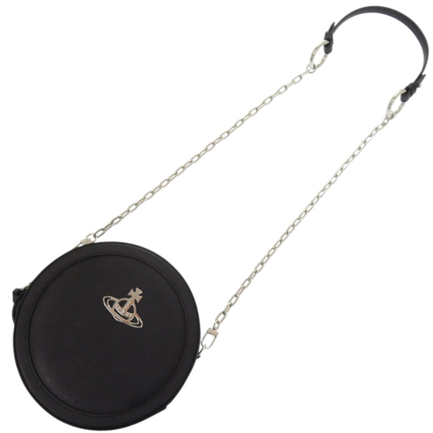 Like New Vivienne Westwood Round Crossbody Ove Genuine Leather Black Shoulder Bag 0894