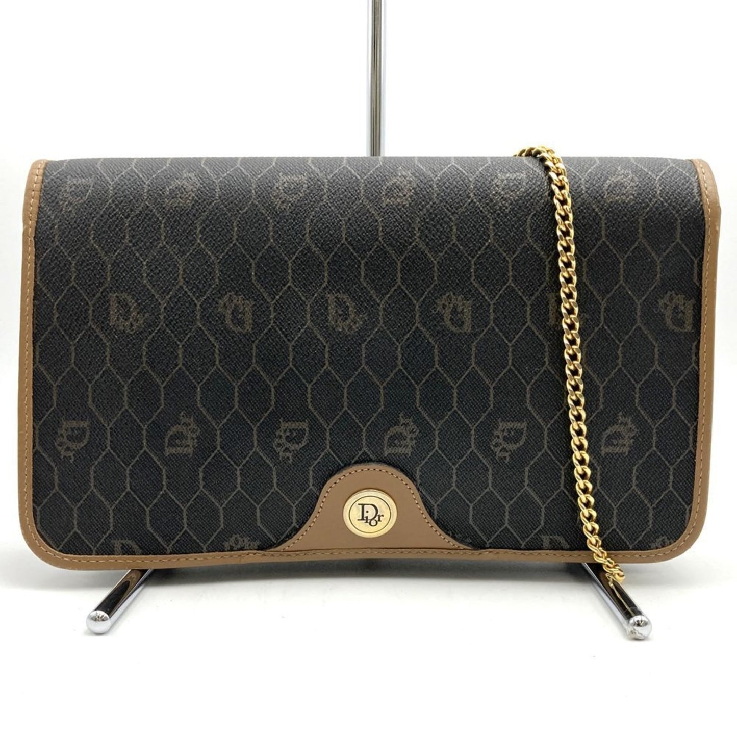 Christian Dior Dior Christian Honeycomb Chain Shoulder Bag Brown Leather