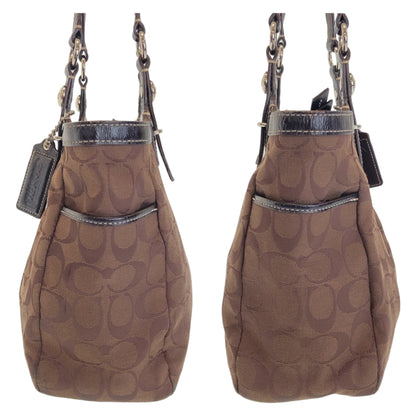 Coach Signature Brown Silver Hardware Canvas Tote Bag Shoulder