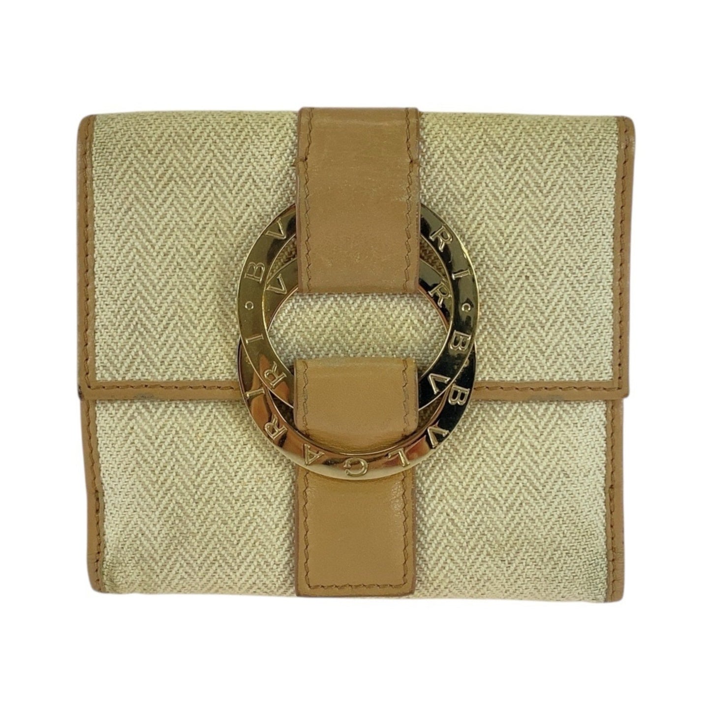 Bvlgari Chandra Beige Tweed/Leather Compact Folding Wallet (12661695) With Gold Hardware