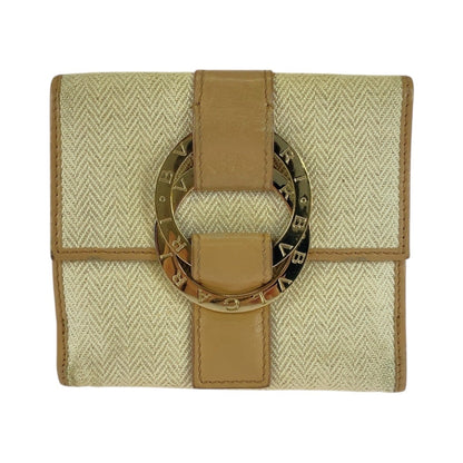 Bvlgari Chandra Beige Tweed/Leather Compact Folding Wallet (12661695) With Gold Hardware