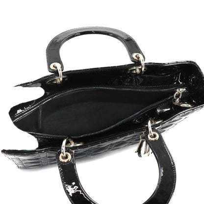 Christian Dior Cannage Lady Large 2-Way Hand/Shoulder Bag In Black Enamel