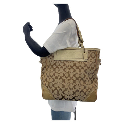Coach Signature Beige Gold Hardware Canvas Tote Bag Shoulder
