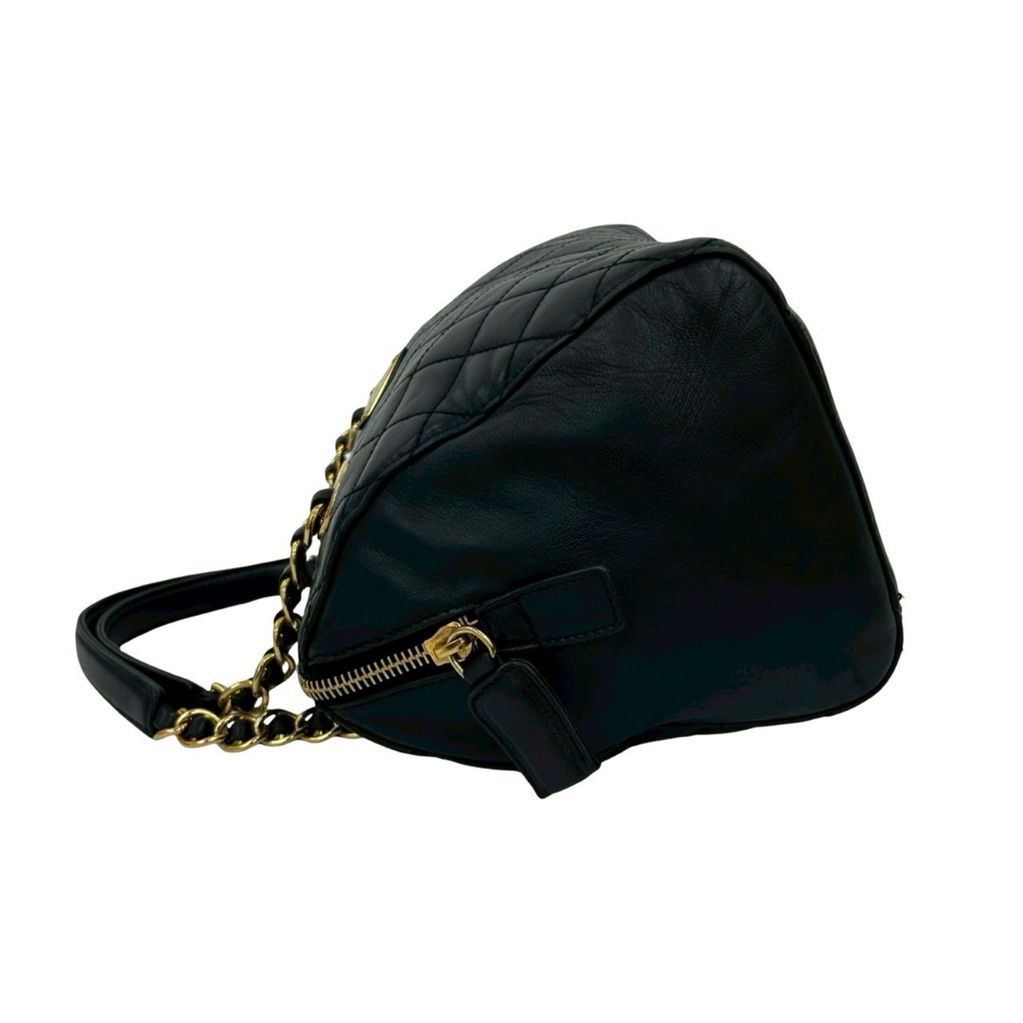 Prada Triangle Logo Quilted Leather Chain Handbag/Mini Boston Bag Navy 21982