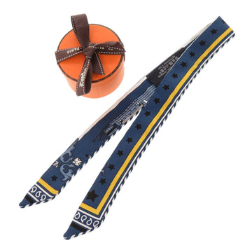 Like New Herms Twilly Doll Candy Paris Station Silk Bleu Ardoise Noir Scarf Muffler Blue 0092 Hermes