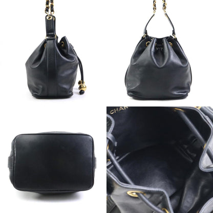 Chanel Shoulder Bag Leather Metal Black Gold