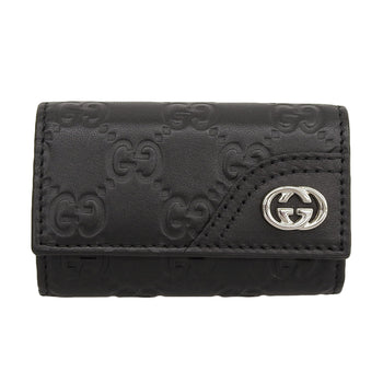 Gucci 181680 Guccissima Interlocking G 6-Ring Leather Key Case In Black With Silver Hardware And Box