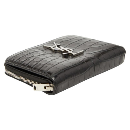 Saint Laurent Ysl Logo Crocodile Embossed Round Zipper Bifold Wallet 403964 Black Leather