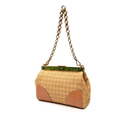 Prada Triangle Logo Plate Chain One-Shoulder Bag Br2530 Beige Green Straw Leather