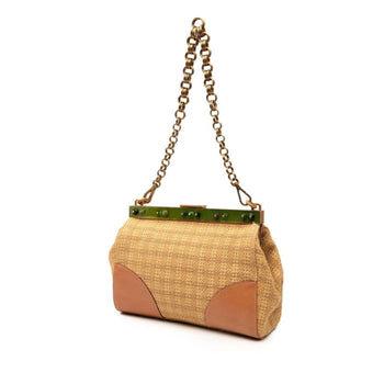 Prada Triangle Logo Plate Chain One-Shoulder Bag Br2530 Beige Green Straw Leather