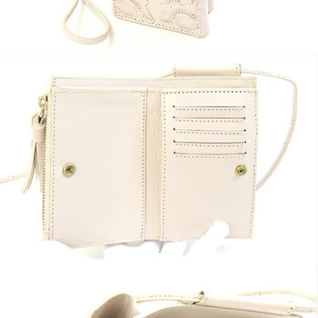Grace Continental Shoulder Bag Carving Stripes Mobile Wallet Ecru Leather Smartphone