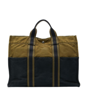 Hermes Foule Tote Mm Handbag Bag Black Khaki Canvas