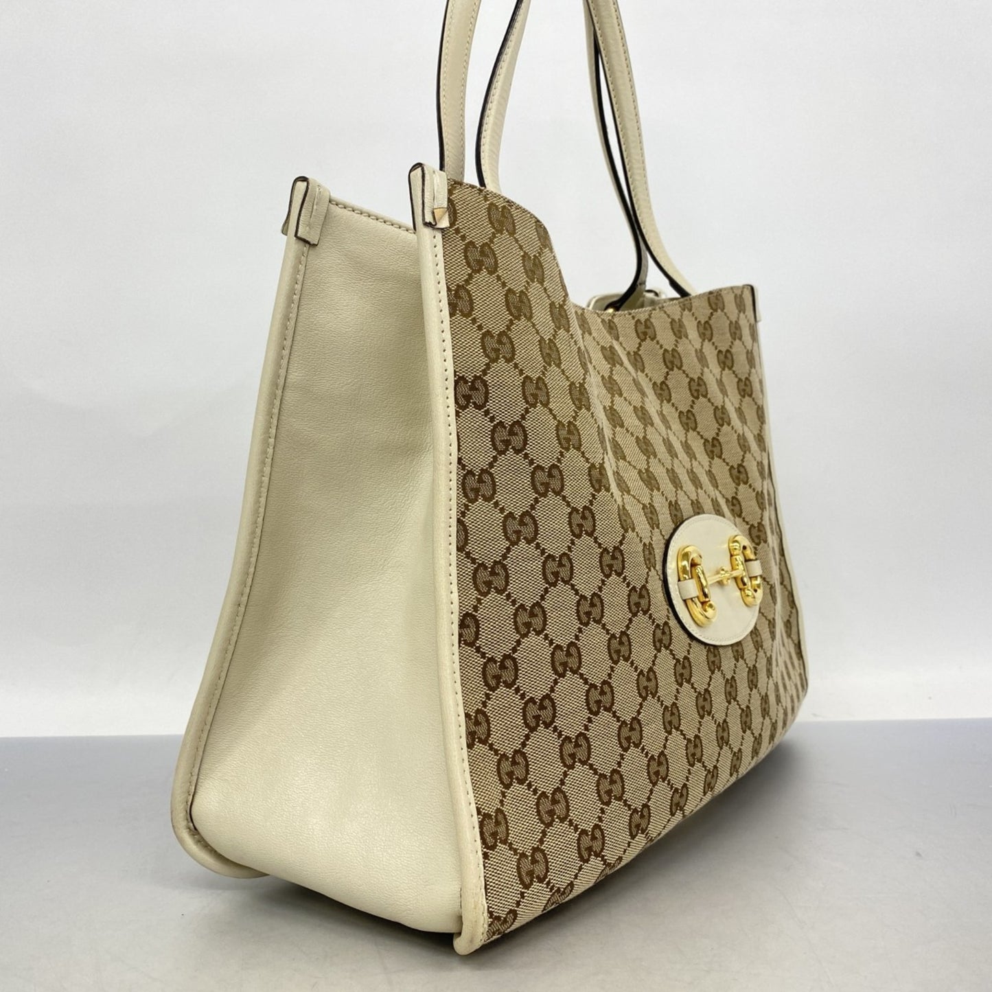 Gucci Gg Canvas Horsebit Tote Bag 623694 Brown White