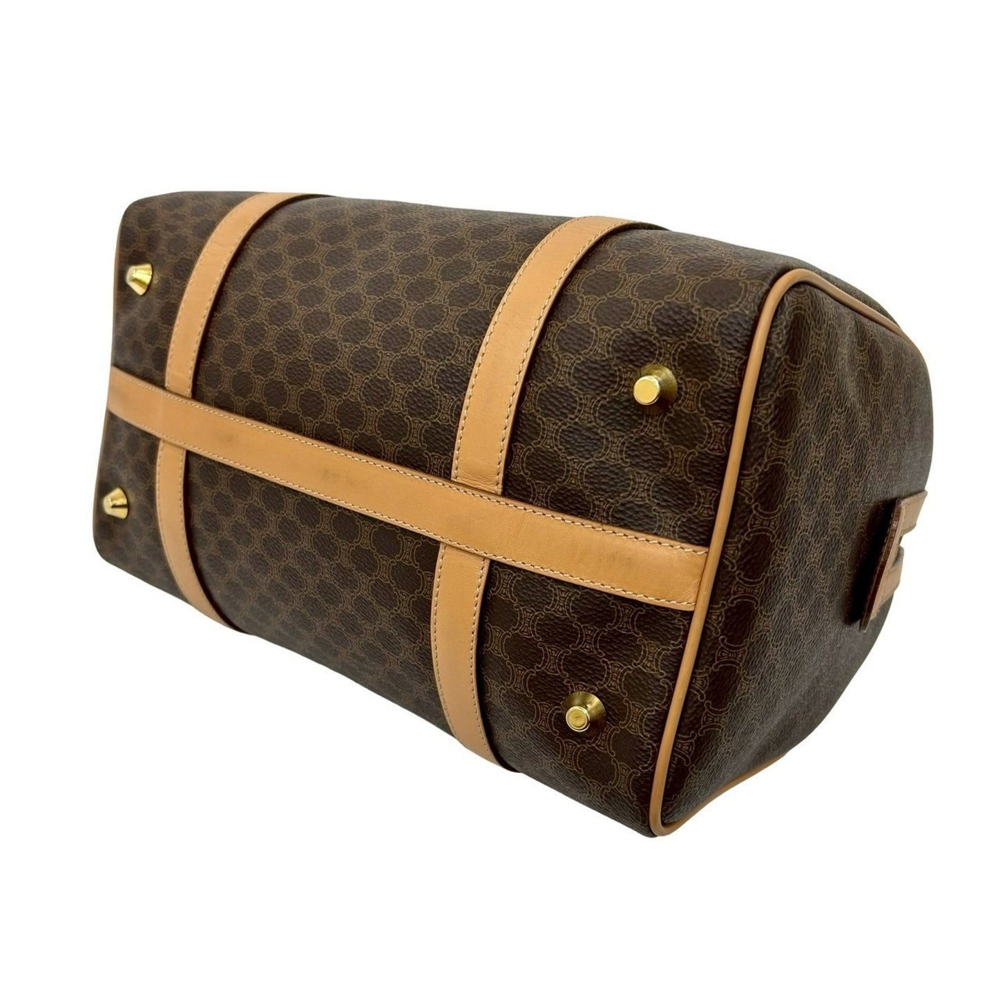 Nearly Unused Celine Macadam Pattern Triomphe Logo Leather Handbag/Mini Boston Bag In Brown