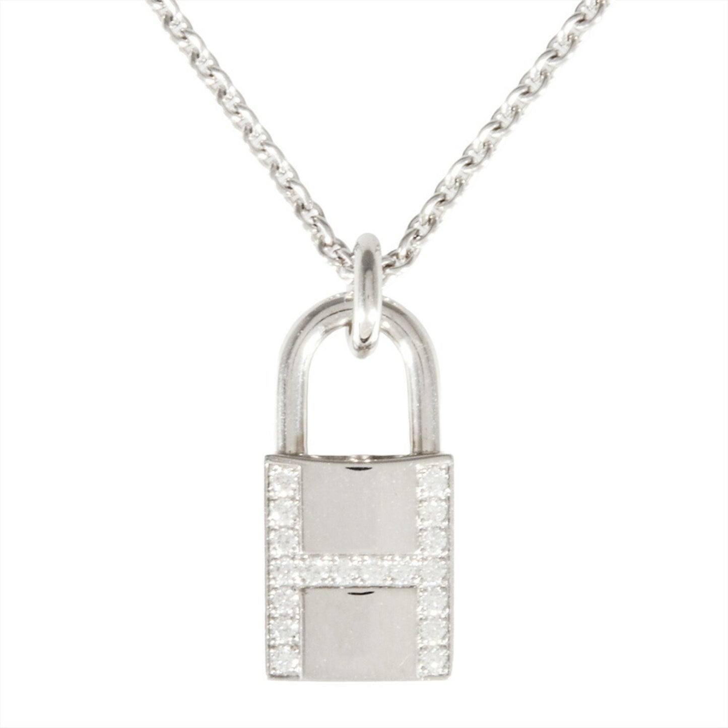 Hermes Herms Amulet Cadena Necklace 18K White Gold 9.4G Diamond