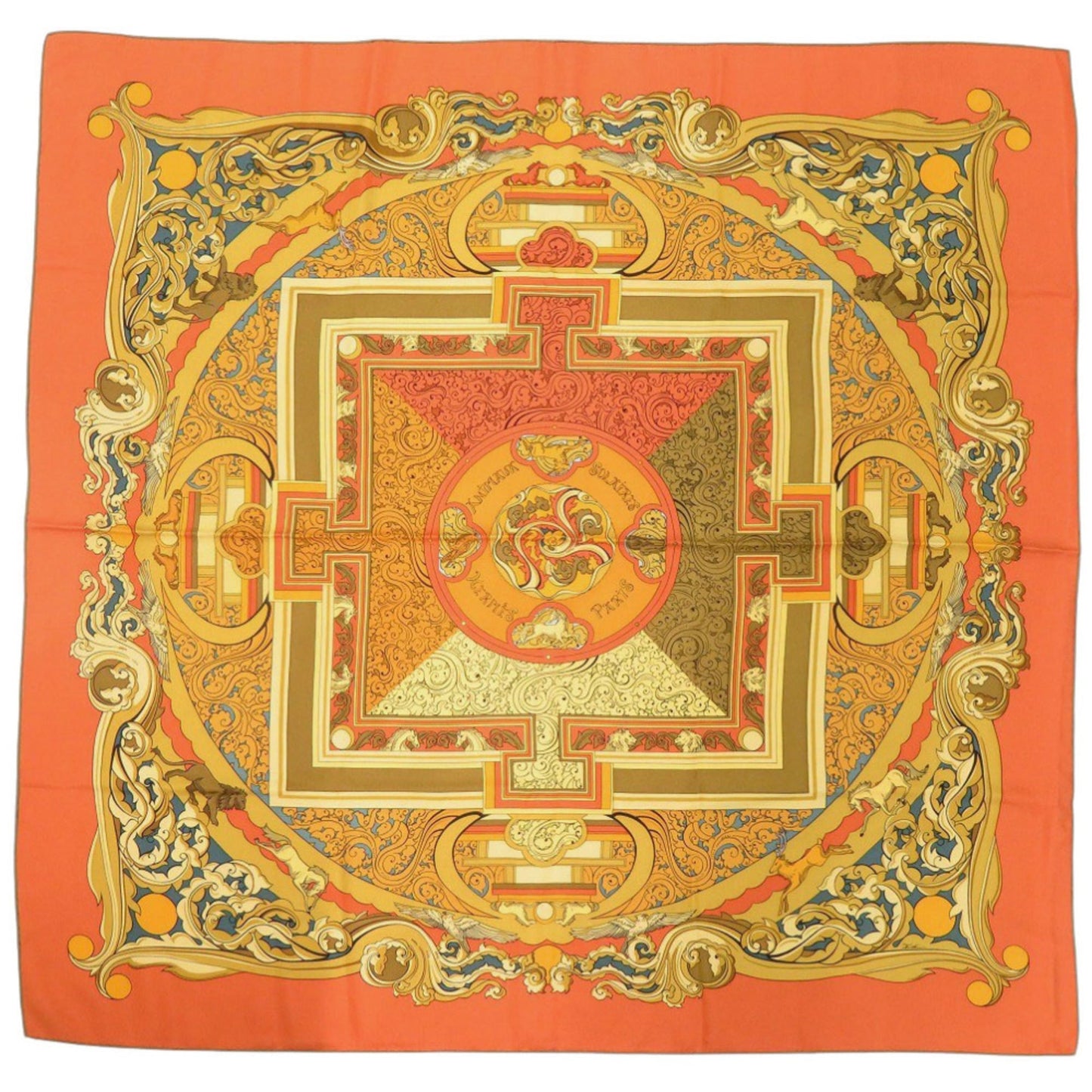 Herms Carr 90 "Animaux Solaires" Sun Animals Silk Orange Scarf Muffler 0097 Hermes