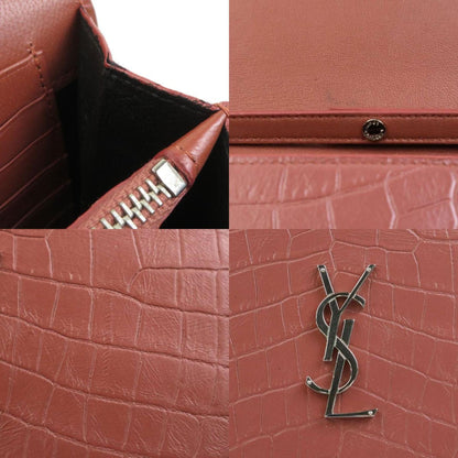 Saint Laurent Wallet Chain Shoulder Bag Embossed Leather Pink Brown Silver
