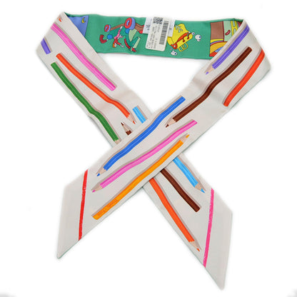 Hermes Herms Twilly Scarf/Muffler: Get Out Your Colored Pencils! Carre Libre Silk Creme Vert