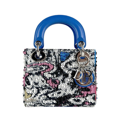 Christian Dior Handbag Shoulder Bag Lady Tweed Beads Leather Blue X Black