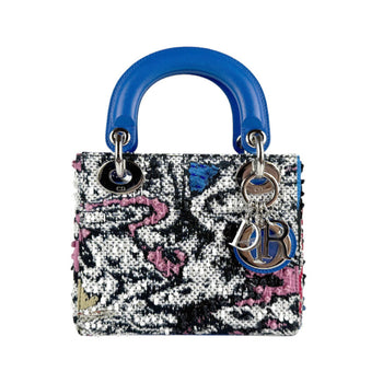 Christian Dior Handbag Shoulder Bag Lady Tweed Beads Leather Blue X Black