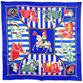 Hermes Scarf Muffler Carre 90 Silk Blue Multicolor Helmes Chocs En Plumes Feather Clash Knight