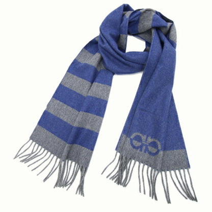 Salvatore Ferragamo Scarf Gancini 527941 Blue Grey Wool Cashmere