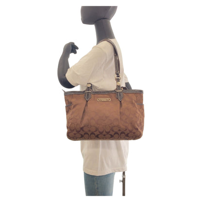 Coach Signature Brown Silver Hardware Canvas Tote Bag Shoulder