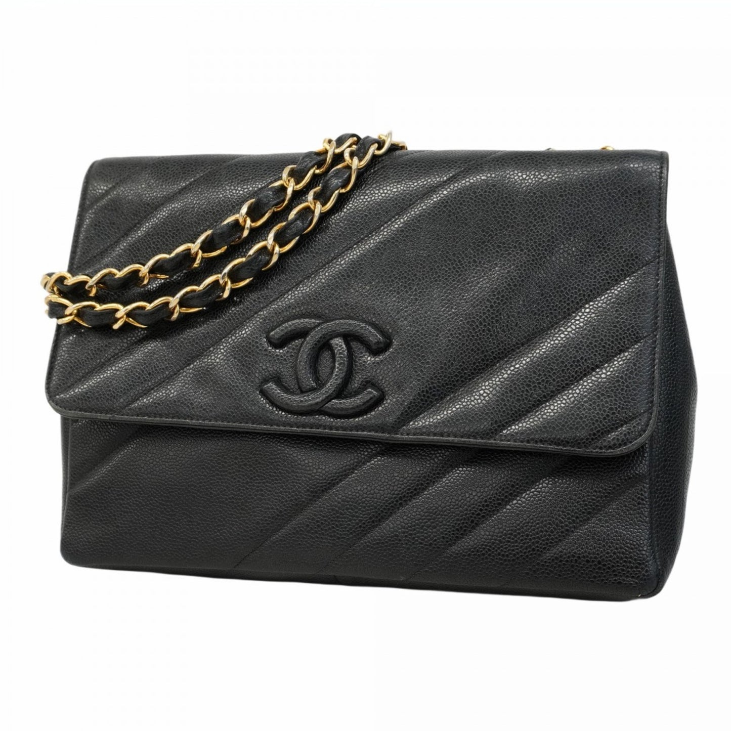 Chanel Shoulder Bag W Chain Bias Stitch Caviar Leather Black