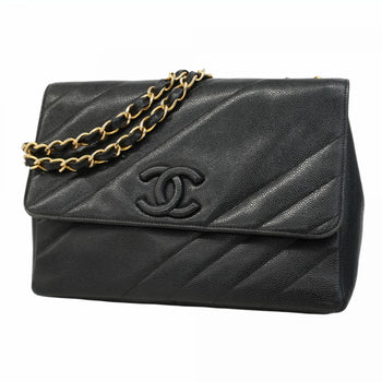 Chanel Shoulder Bag W Chain Bias Stitch Caviar Leather Black