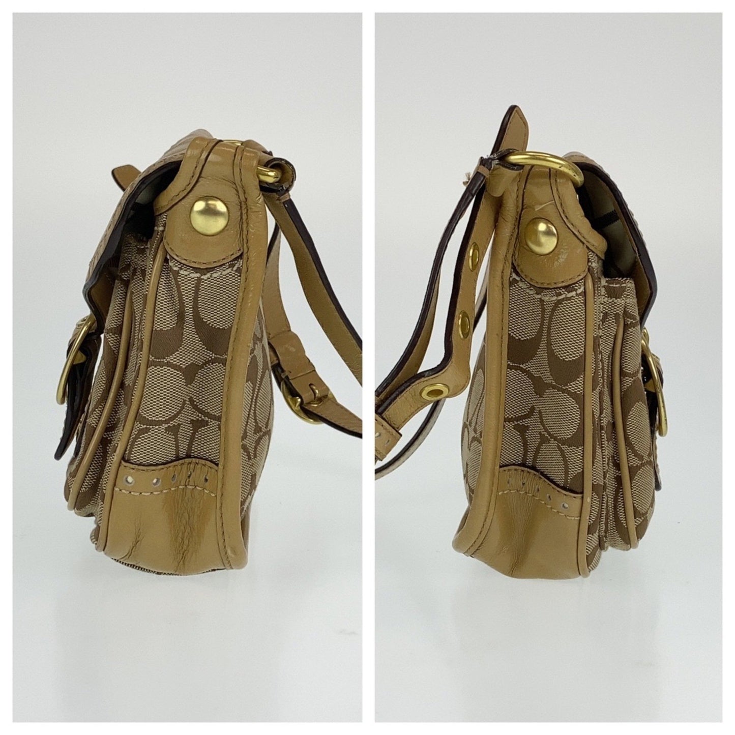 Coach Signature Beige Gold Canvas Shoulder Bag Crossbody Pochette