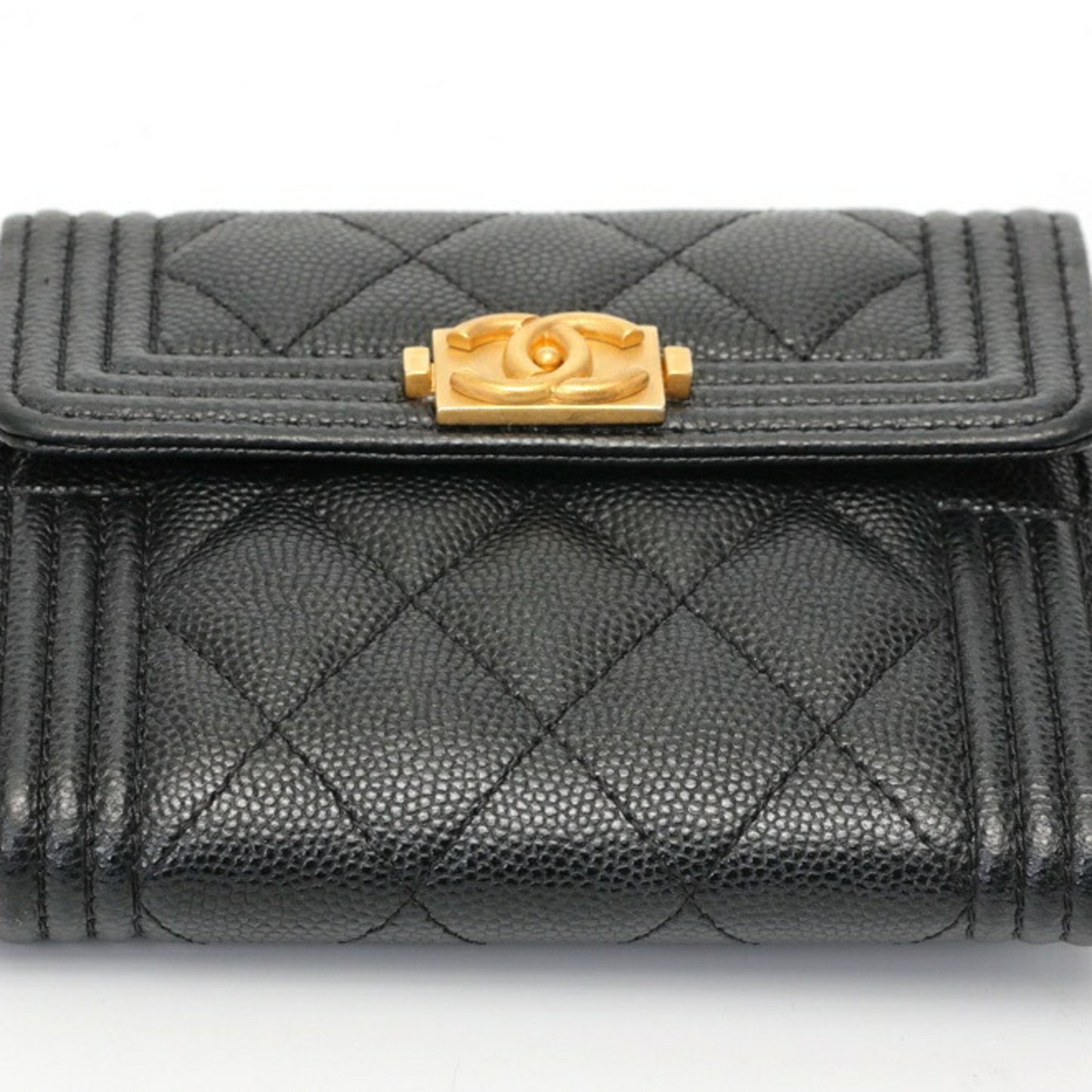 Chanel Boy Chanel Tri-Fold Wallet Compact A80743 Caviar Skin Black S-157722