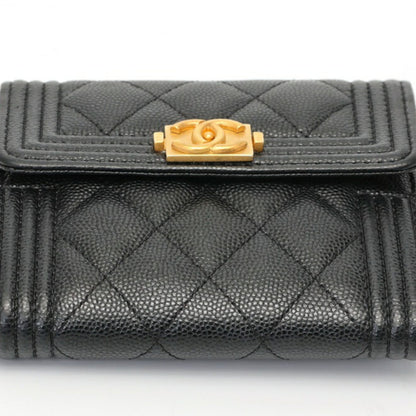 Chanel Boy Chanel Tri-Fold Wallet Compact A80743 Caviar Skin Black S-157722
