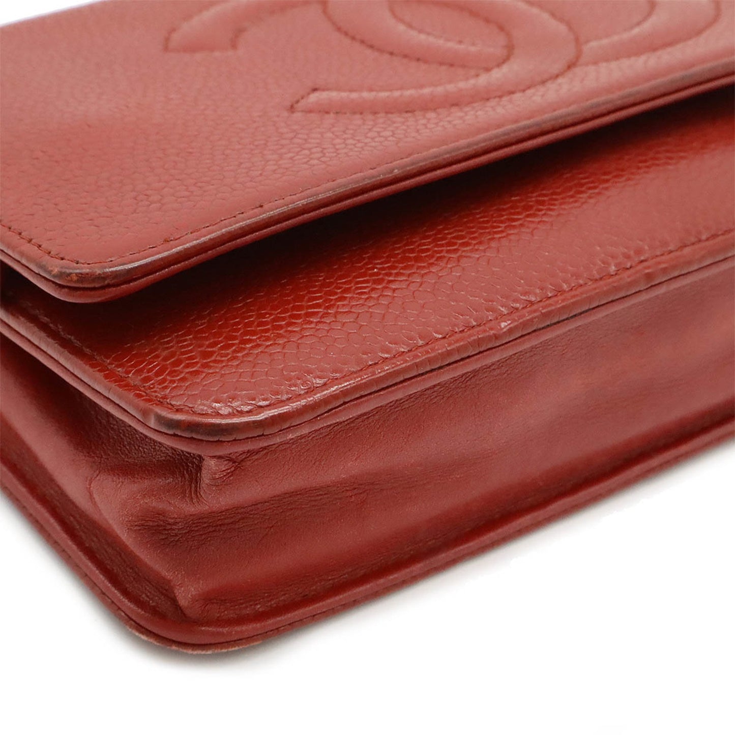 Chanel Coco Mark Caviar Skin Chain Wallet Shoulder Bag Leather Red 8654