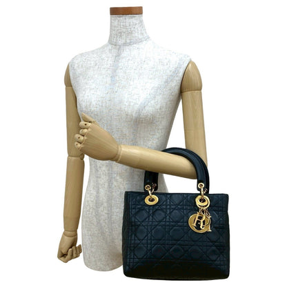Christian Dior Lady Cannage Stitched Leather Handbag/Mini Tote Bag In Black