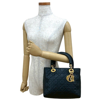 Christian Dior Lady Cannage Stitched Leather Handbag/Mini Tote Bag In Black