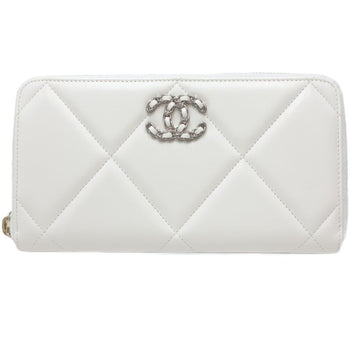 Chanel 19 Round Zipper Matelasse Cc Mark Ap1063 Long Wallet Leather White 083407