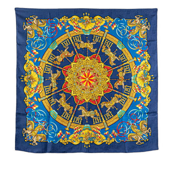 Hermes Carre 90 Luna Park Amusement Park Scarf Muffler Blue Gold Multicolor Silk