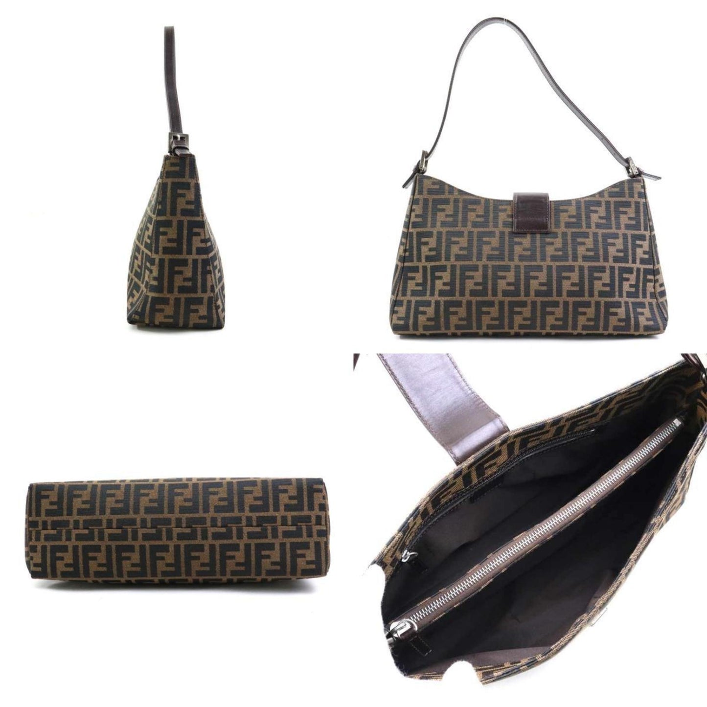 Fendi Shoulder Bag Zucca Canvas Leather Brown Silver