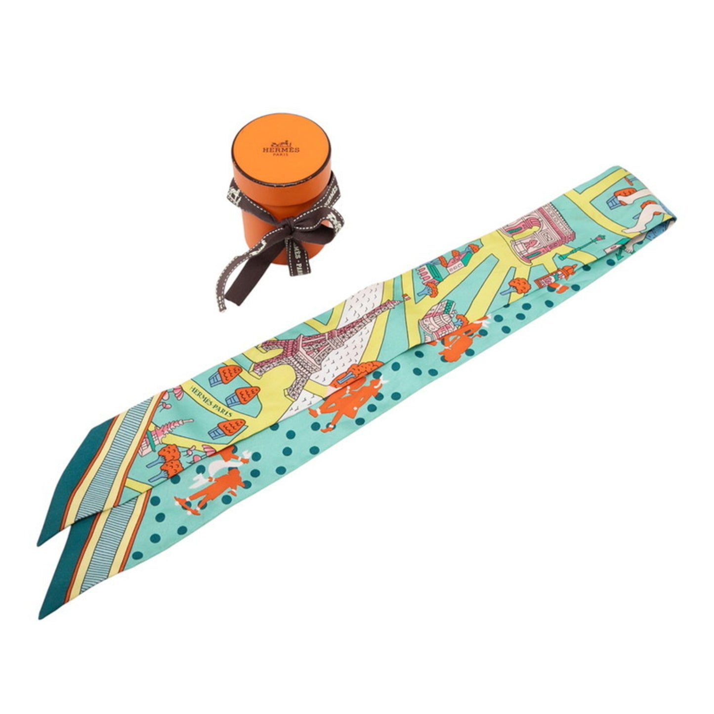 Herms Twilly "Les Nouveaux Amoureux De Paris" New Paris Lovers Scarf/Muffler Green Multicolor Silk