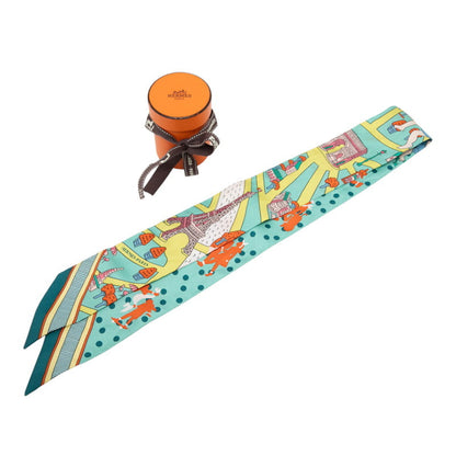Herms Twilly "Les Nouveaux Amoureux De Paris" New Paris Lovers Scarf/Muffler Green Multicolor Silk