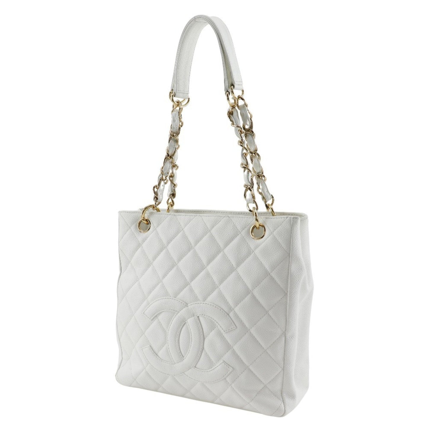 Chanel Pst Chain Tote Shoulder Bag Caviar Skin White A5 Snap Button