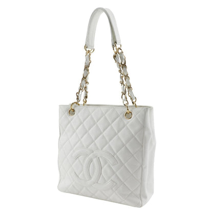Chanel Pst Chain Tote Shoulder Bag Caviar Skin White A5 Snap Button