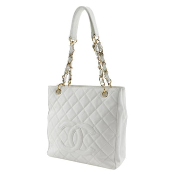 Chanel Pst Chain Tote Shoulder Bag Caviar Skin White A5 Snap Button
