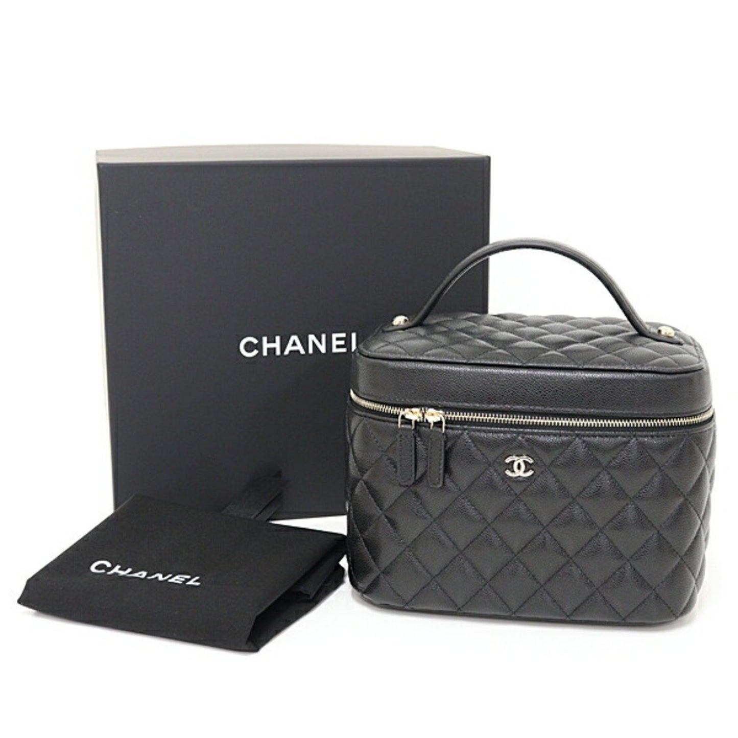 Chanel Timeless Classic Vanity Bag Caviar Skin Ap2573 Black Matelasse Unused F-04622