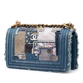 Chanel Boy Chanel Patchwork Chain Shoulder Bag Blue Gold Denim