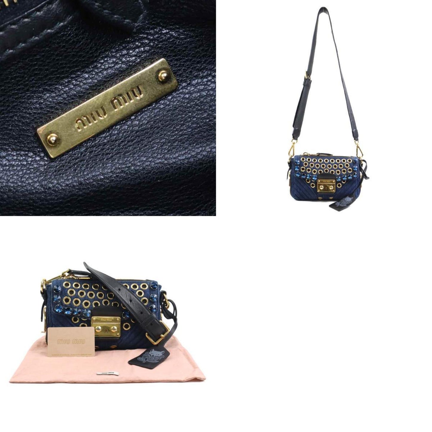 Miu Miu Miu Shoulder Bag Denim Leather Indigo Blue Black Gold