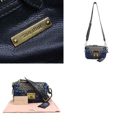 Miu Miu Miu Shoulder Bag Denim Leather Indigo Blue Black Gold